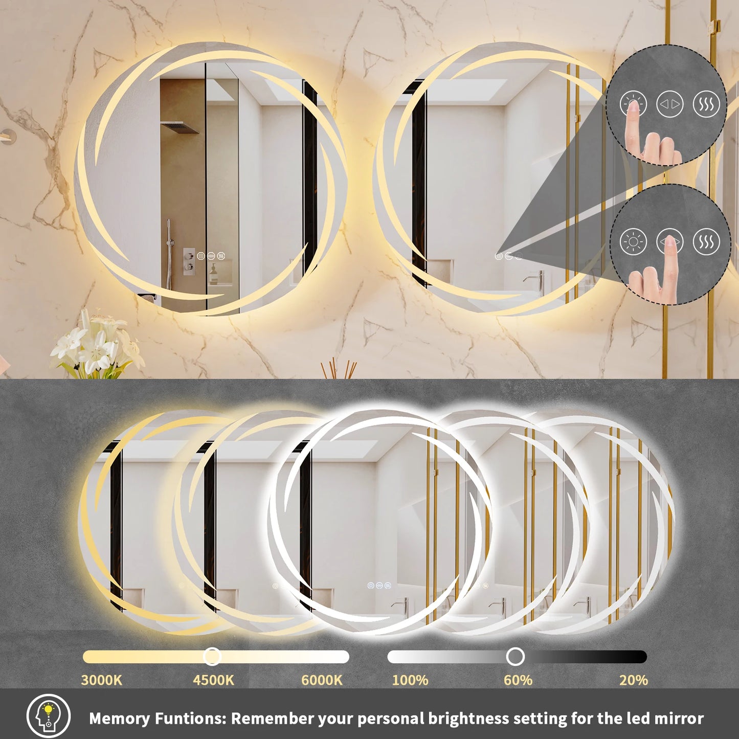 Anti-Fog LED Round Bathroom Mirror With Backlit HD Glass And 3 Color Lights