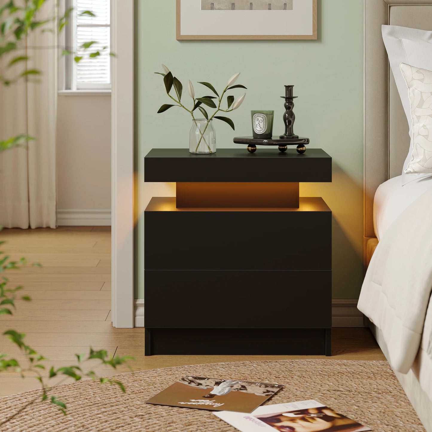 Cubehom LED Nightstand With Two Drawers And RGB Lighting