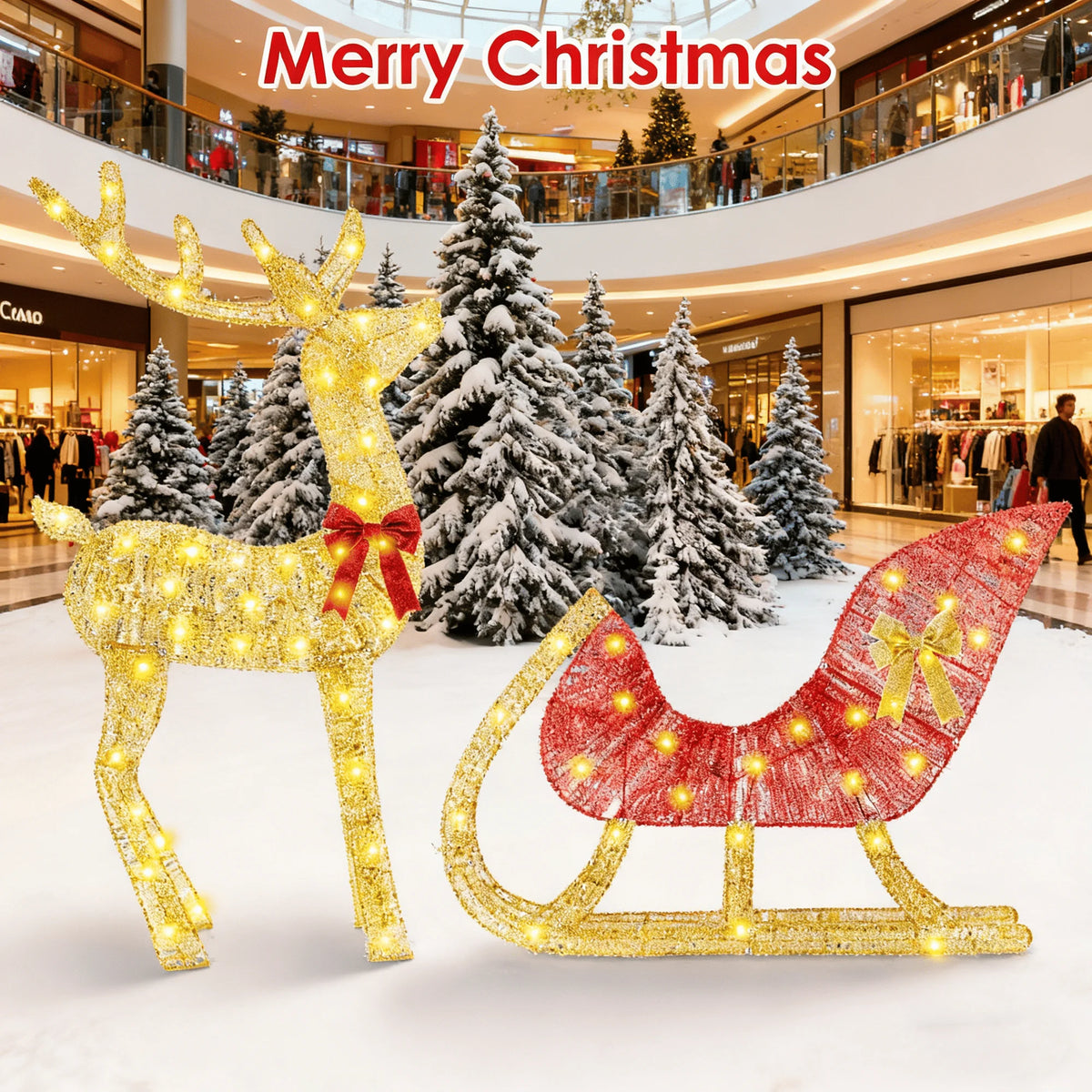 LED Christmas Reindeer Sleigh Outdoor Decoration With Iron Frame