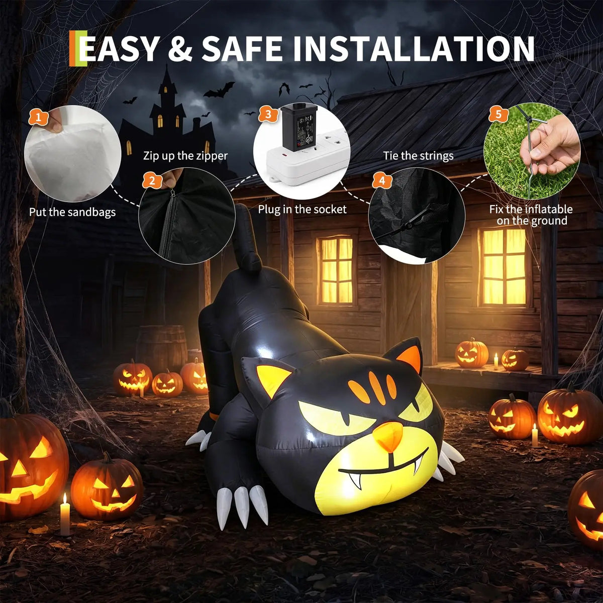 HiMISS Halloween Inflatable Crawling Cat Outdoor Decor With LED Lights