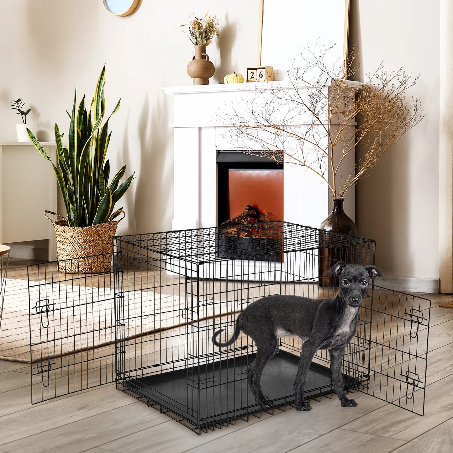JHK Folding Metal Wire Dog Cage with Leakproof Pan
