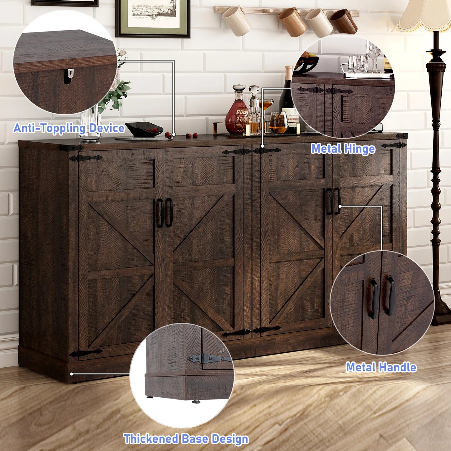 QiaoShiRen Farmhouse Buffet Cabinet With Drawers And Doors