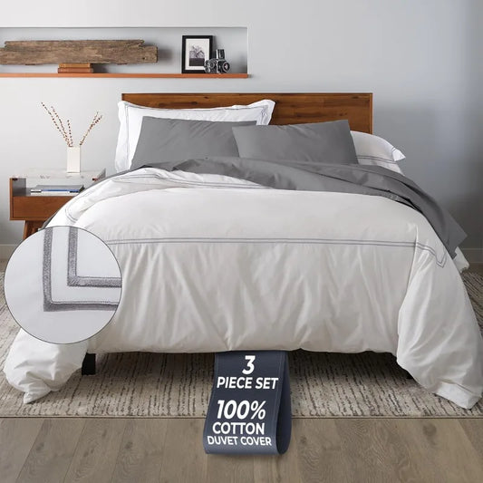 Duvet Cover Queen Size (3 Pieces), 100% Cotton Percale, Full/Queen, Soft, Breathable & Lightweight, Including Duvet C