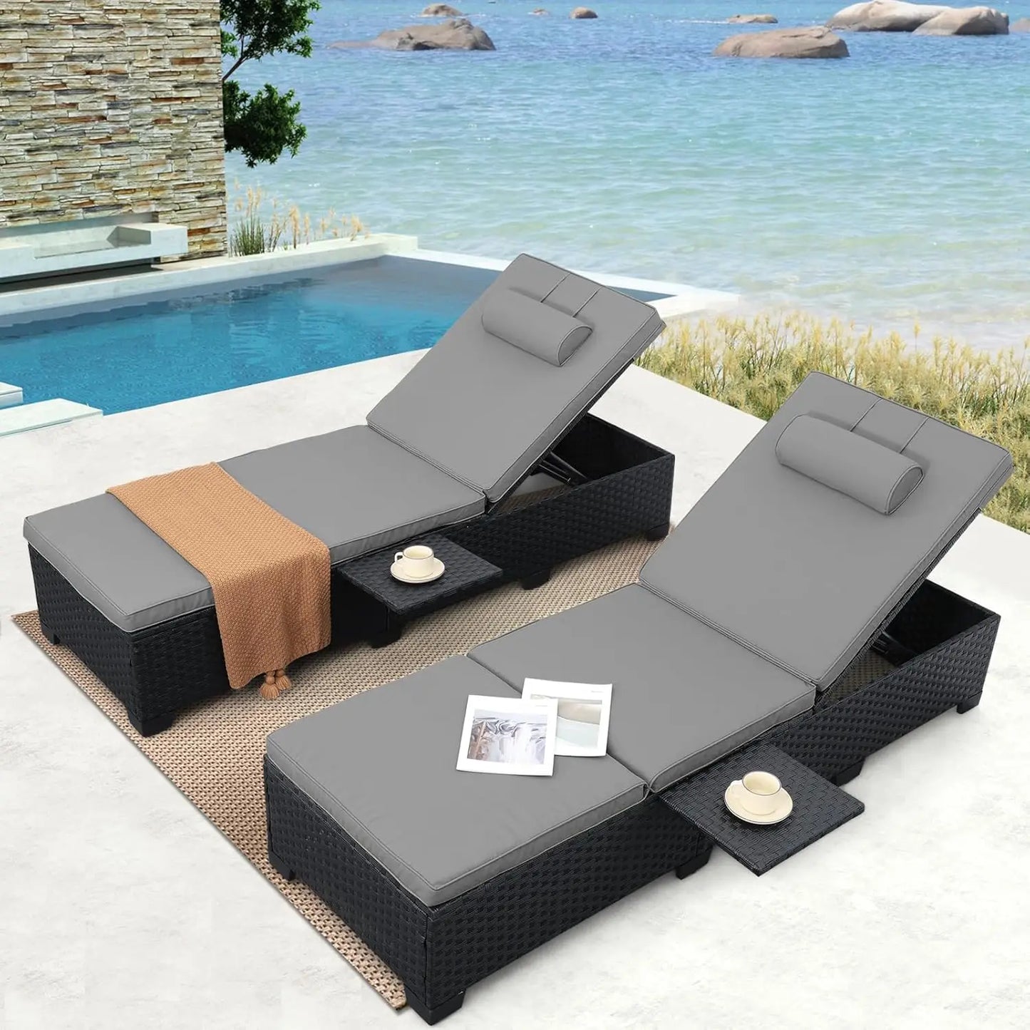 Outdoor Wicker Chaise Lounge Set for Patio with Cushions