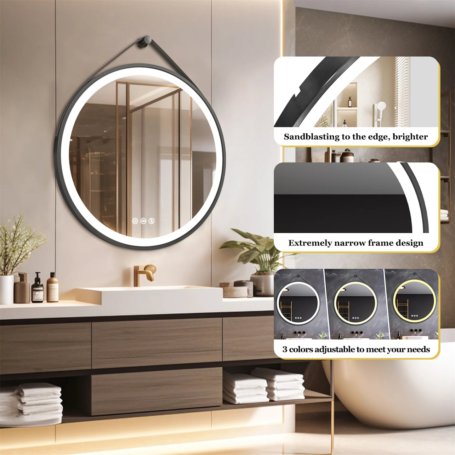 Round LED Bathroom Mirror With Leather Strap Wall Hanging And Anti Fog