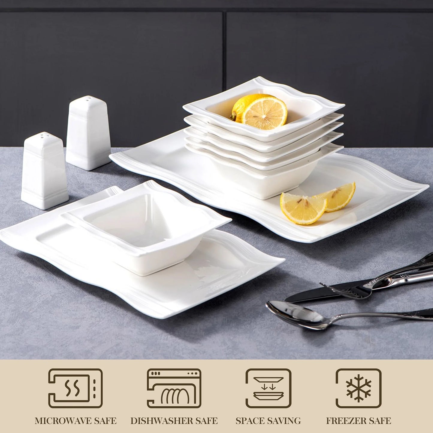 MALACASA 28 Piece Square Porcelain Dinnerware Set For Everyday Use