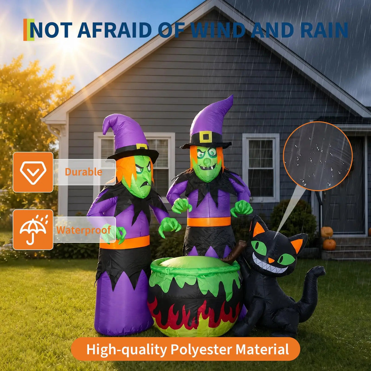 HiMISS Halloween Inflatable Witch Sisters And Black Cat Cauldron Decor