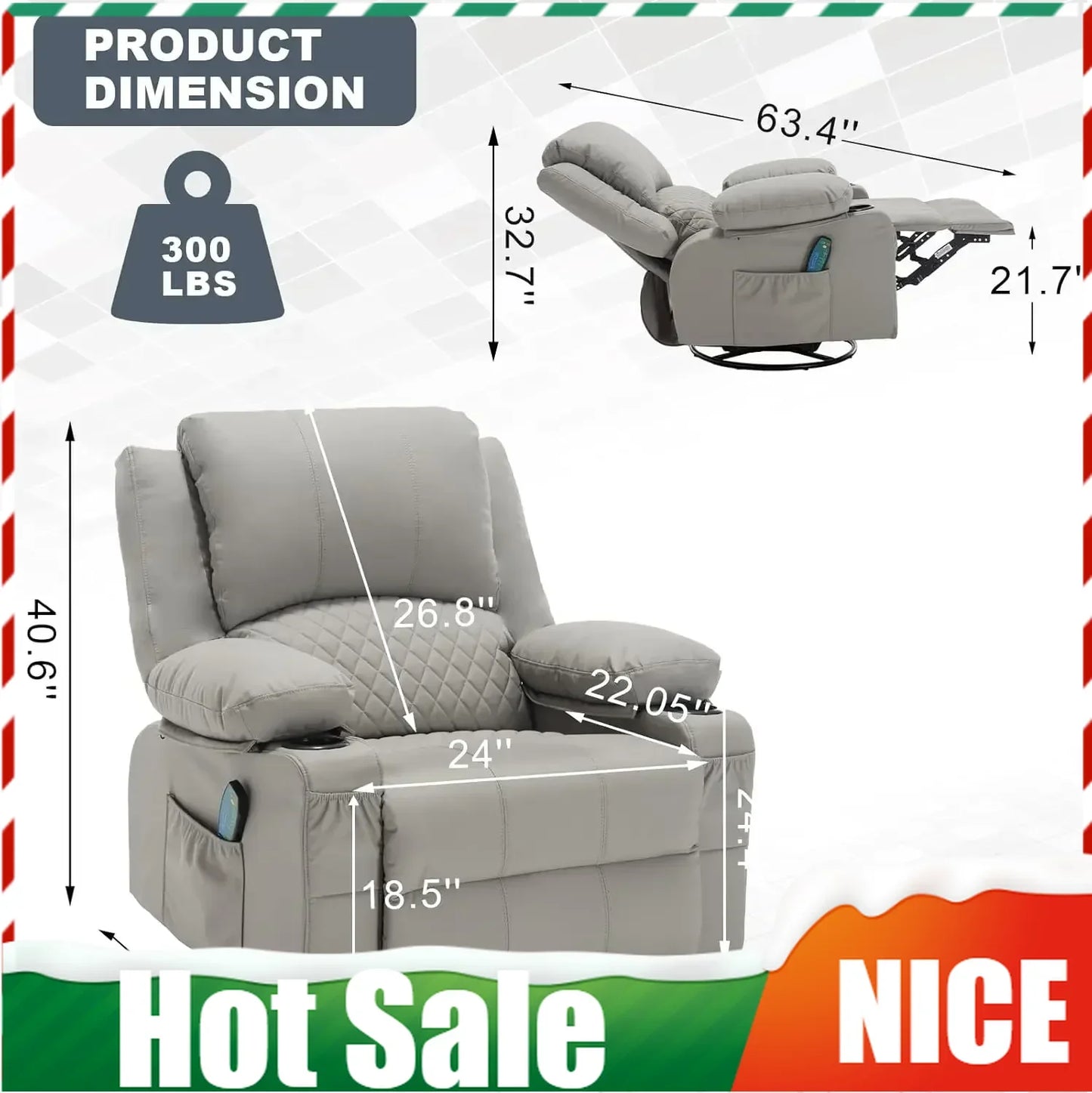 Overstuffed Massage Rocker Recliner Chair With Heat Faux Leather