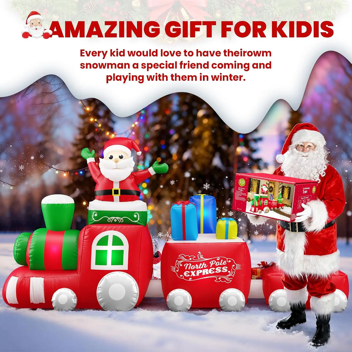 Giant Christmas Inflatable Santa Train With Lights And Holiday Characters
