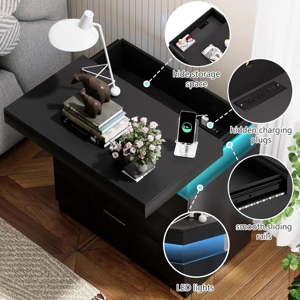 Nightstand With LED Lighting And Charging Station, Sliding Top, Three-Drawer