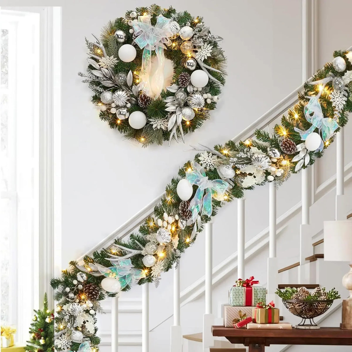Garvee Lighted Christmas Garland With Timer And Decorative Ornaments