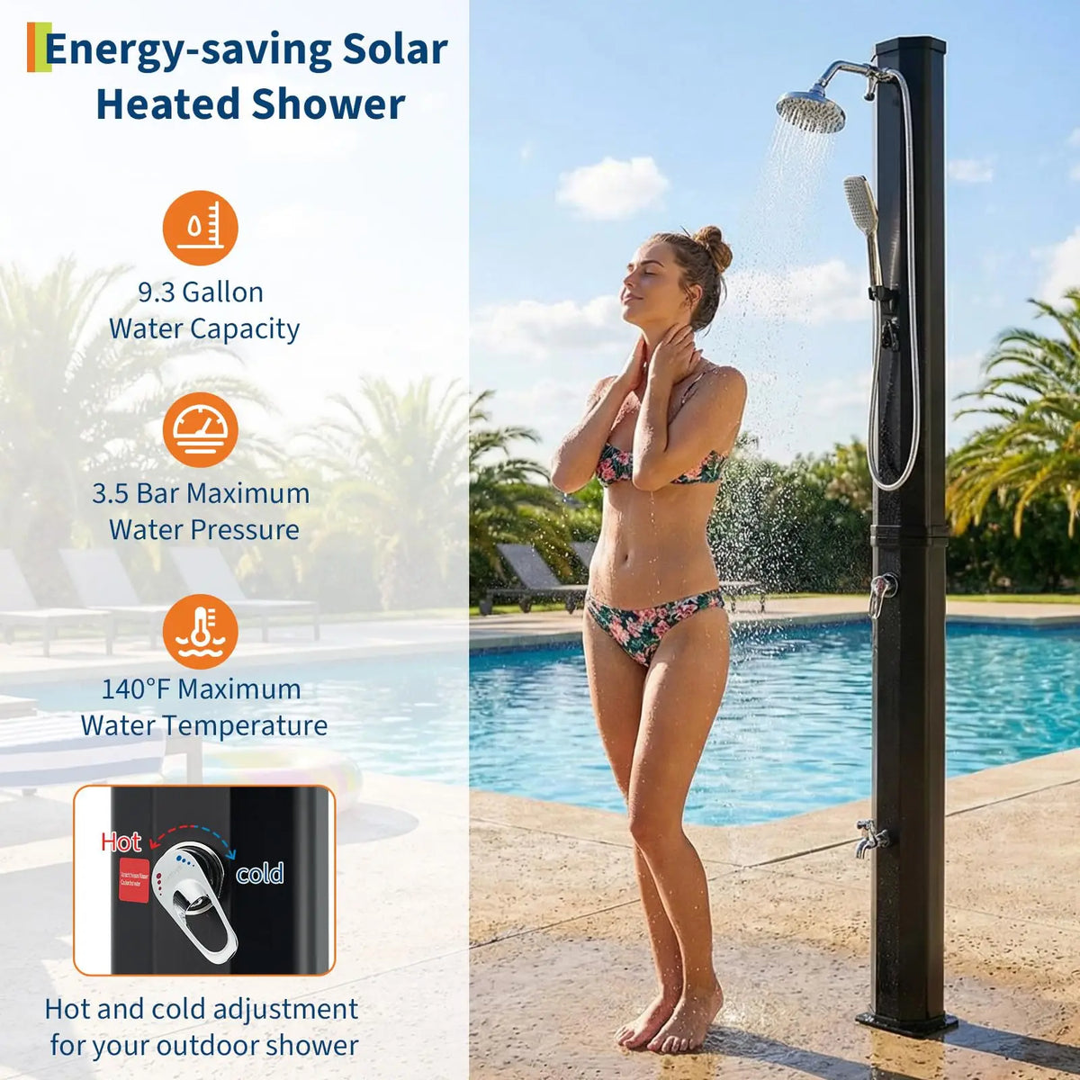 Highmiss 7.2FT Freestanding Solar Heated Pool Shower Kit With Water Cover