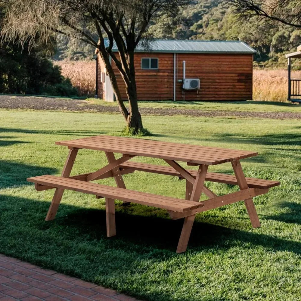 Outdoor Wooden Picnic Table With Benches And Umbrella Hole