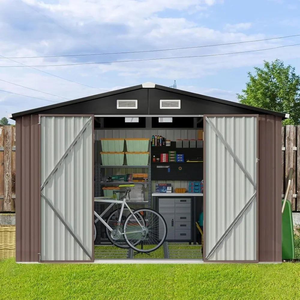 9.4x7.3x6.5 FT Outdoor Storage Shed, Garbage Can, Outdoor Metal Shed for Tool, Garden, Bike, Placed in Patio, Garden Brown Base