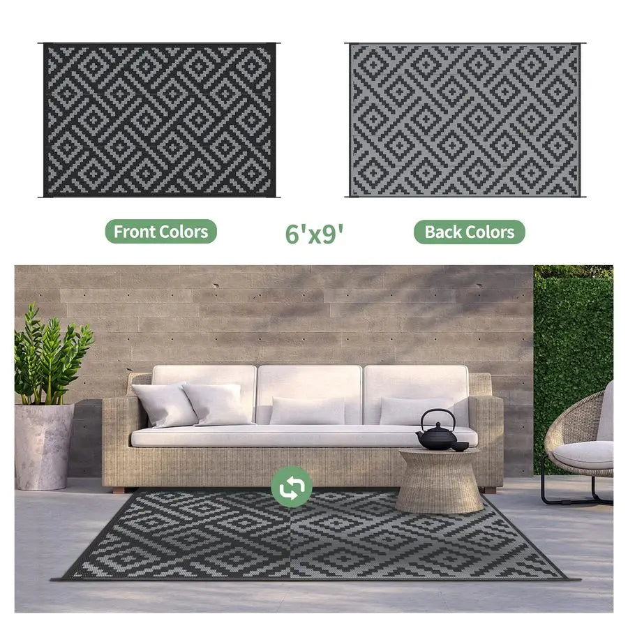 Outdoor Rug for Patio Clearance,6x9 Waterproof Mat,Reversible Plastic Camping Rugs,Rv,Porch,Deck,Camper,Balcony,Backyard,Black a