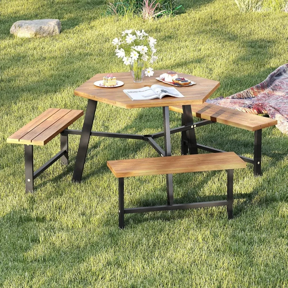 Acacia Wood Hexagonal Picnic Table With Built In Benches