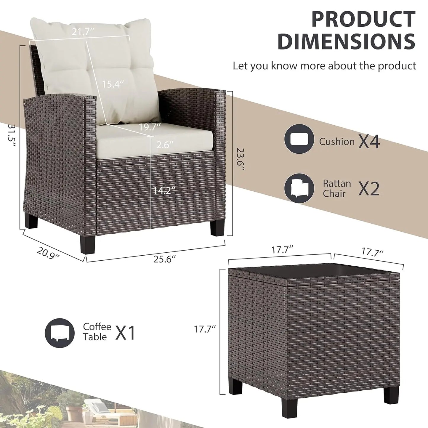 3 Piece Patio Furniture Set Small Outdoor Wicker Rattan Front Porch Bistro Set Cushioned Patio Chairs Conversation, Customized