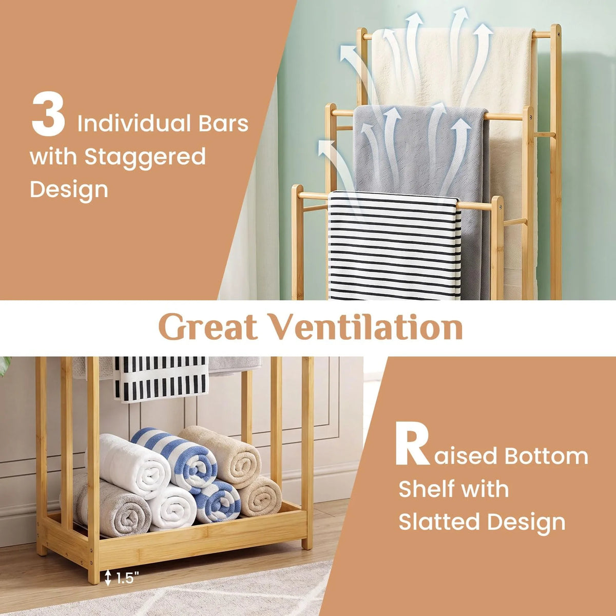 Freestanding Bamboo Towel Rack with Storage Shelf for Bathroom Organization