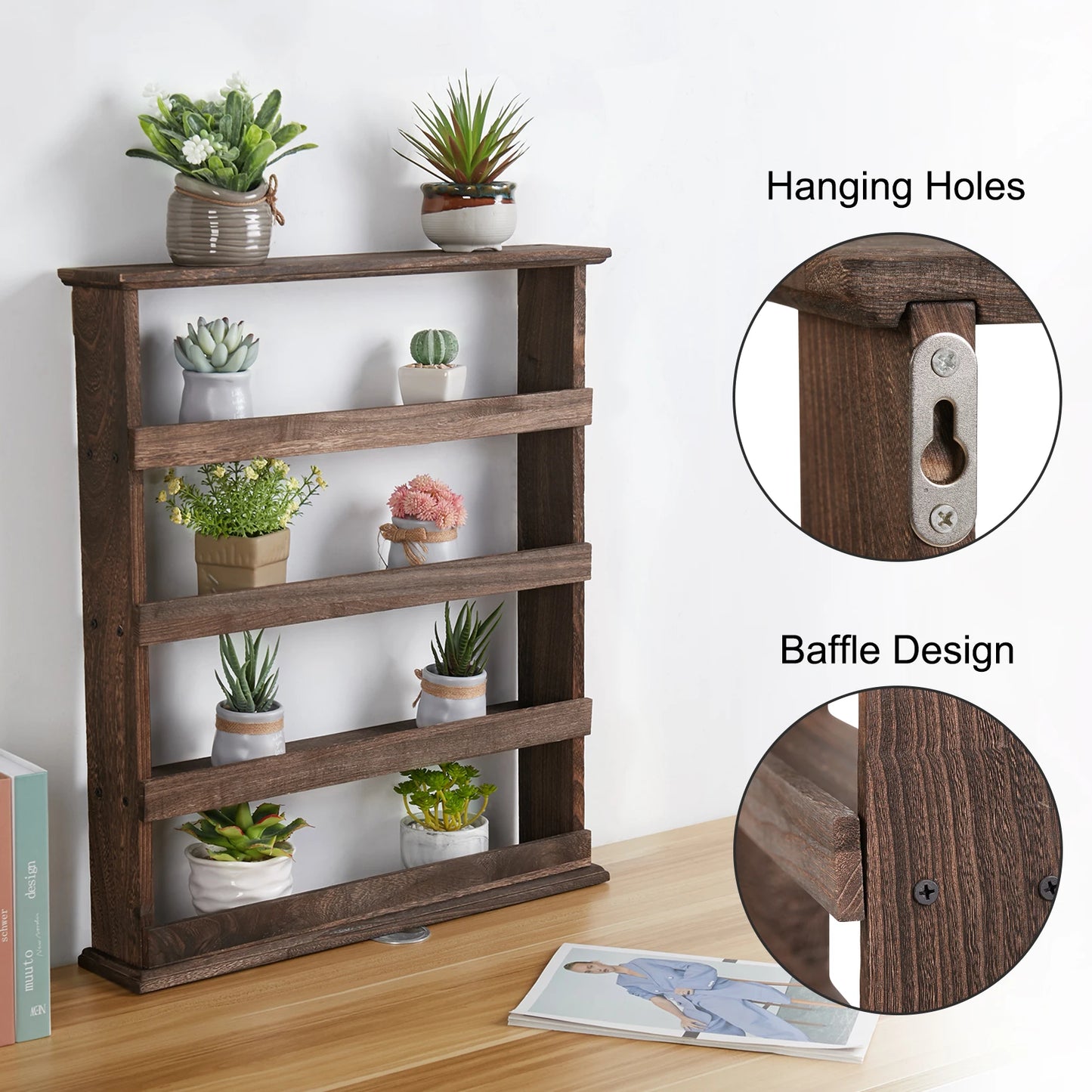 Rustic Torched Wood Wall Mounted 4-Tier Spice Rack Storage Organizer