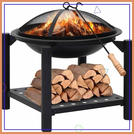 Steel Fire Pit With Safety Screen And Storage Shelf