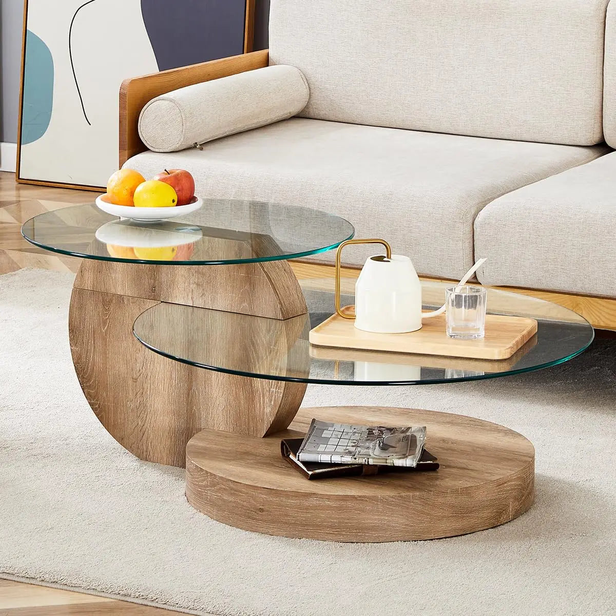 Tempered Glass Coffee Table With Three Tier Wood Base