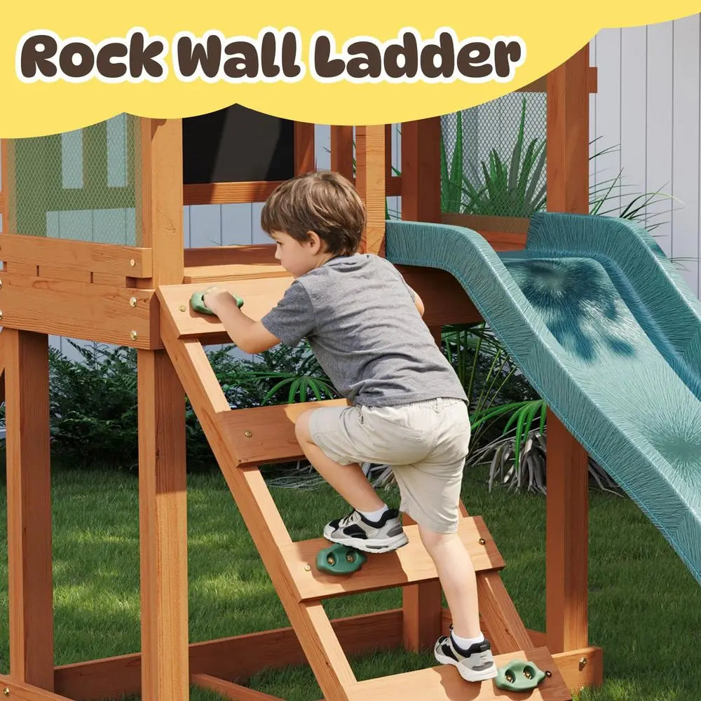 YTYIN Backyard Swing Set With Wave Slide And Rock Wall