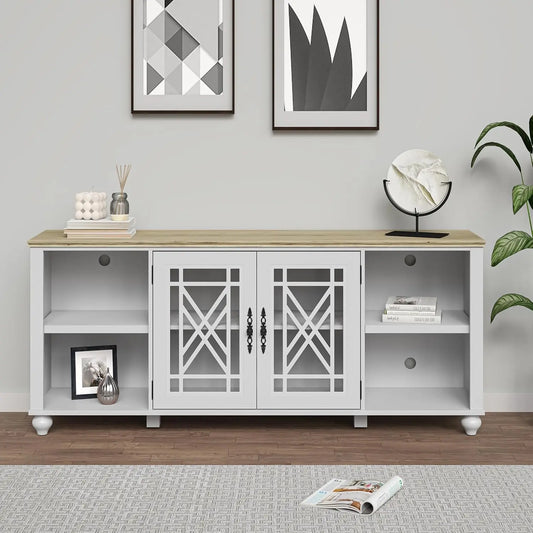 Farmhouse TV Stand Entertainment Center With Glass Doors And Shelves