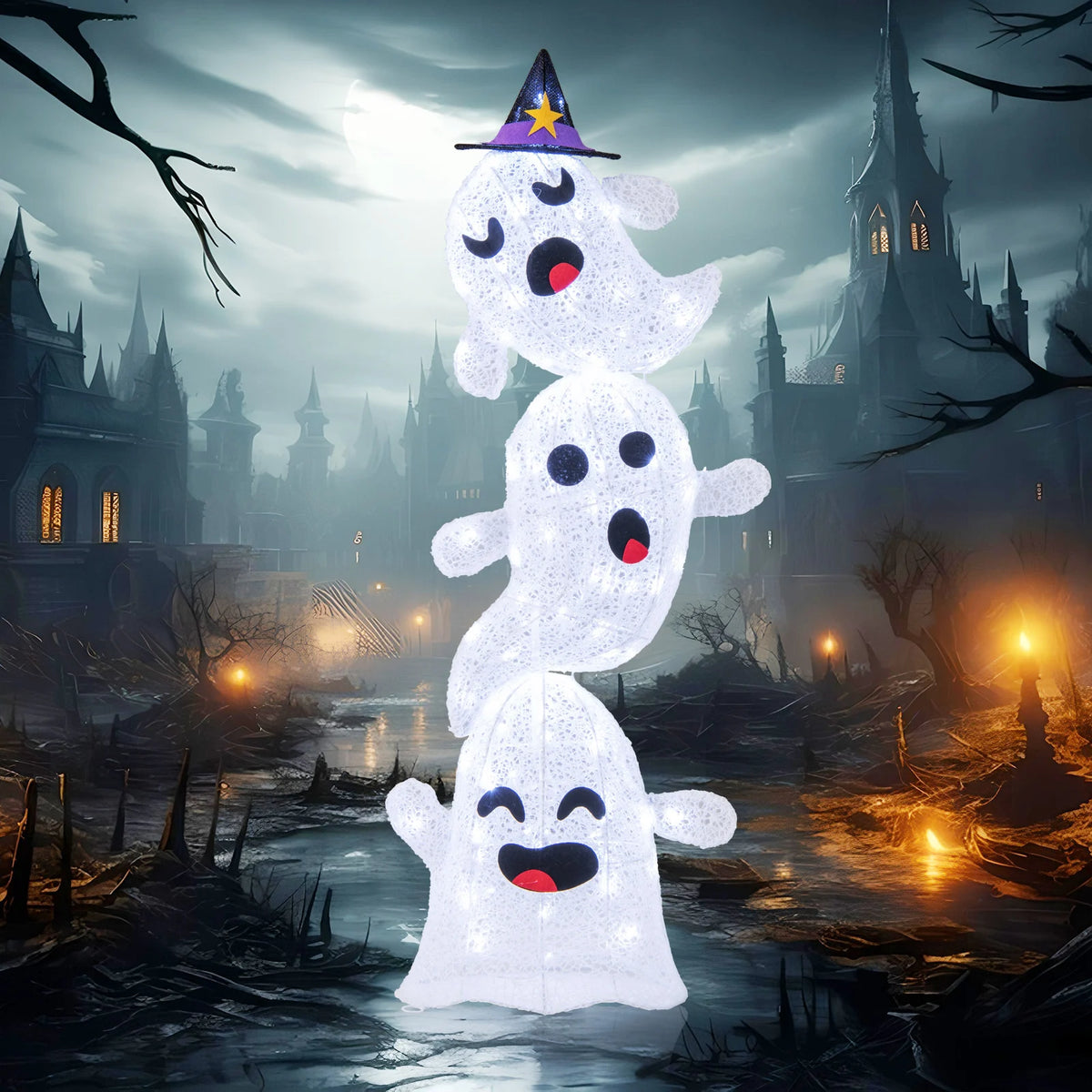 LIFEZEAL Outdoor Stacked Ghost Halloween Decorations With Built In LED Lights