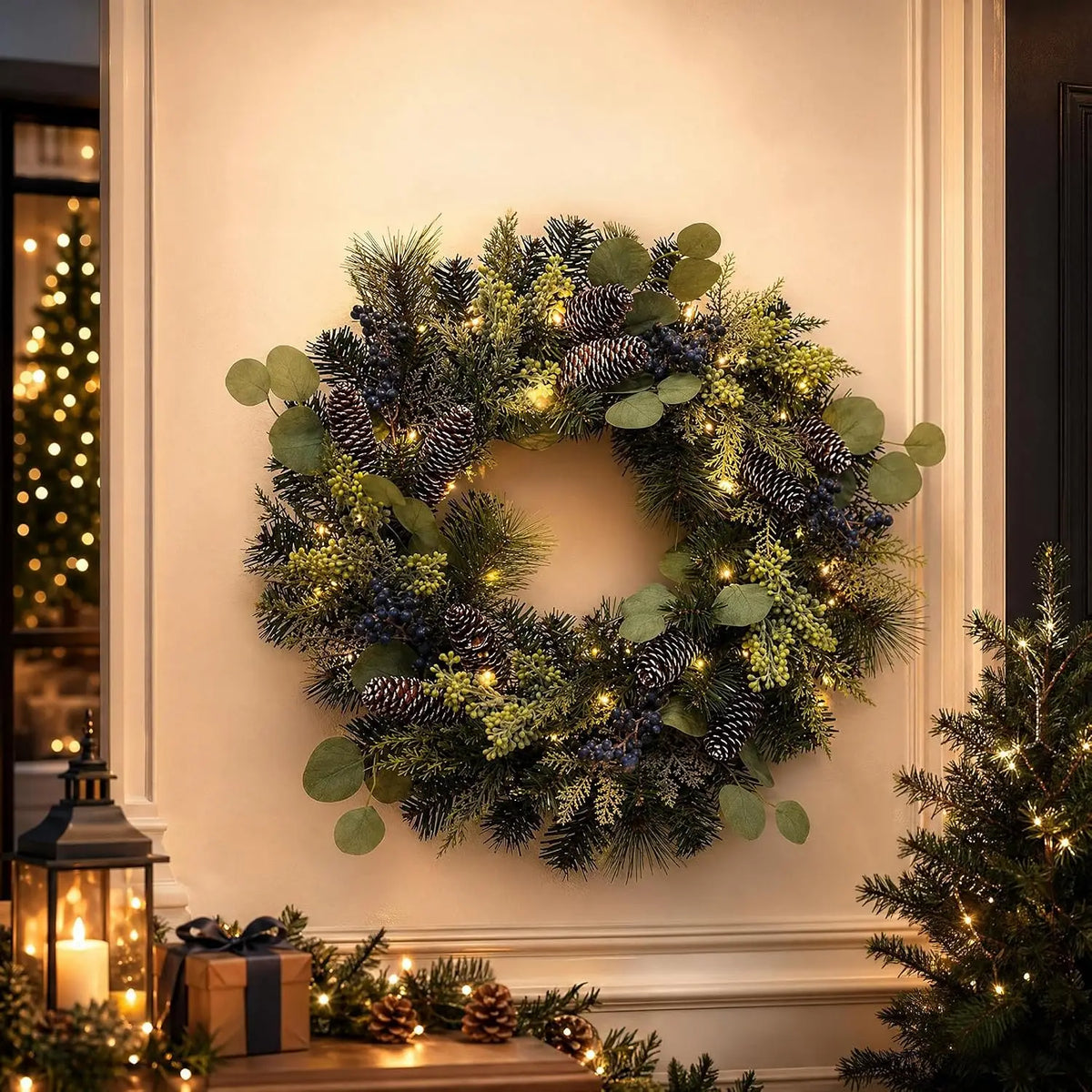 Garvee Lighted Christmas Wreath with 8 Modes for Home Decor