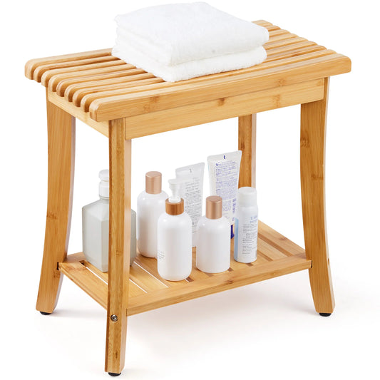 SucceBuy Bamboo Shower Bench With Storage Shelf Waterproof Spa Seat