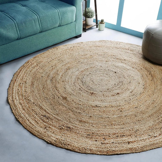 Hand Woven Jute Braided Round Rug, 6 Feet Natural Reversible for Living Room Kitchen Farmhouse Decor