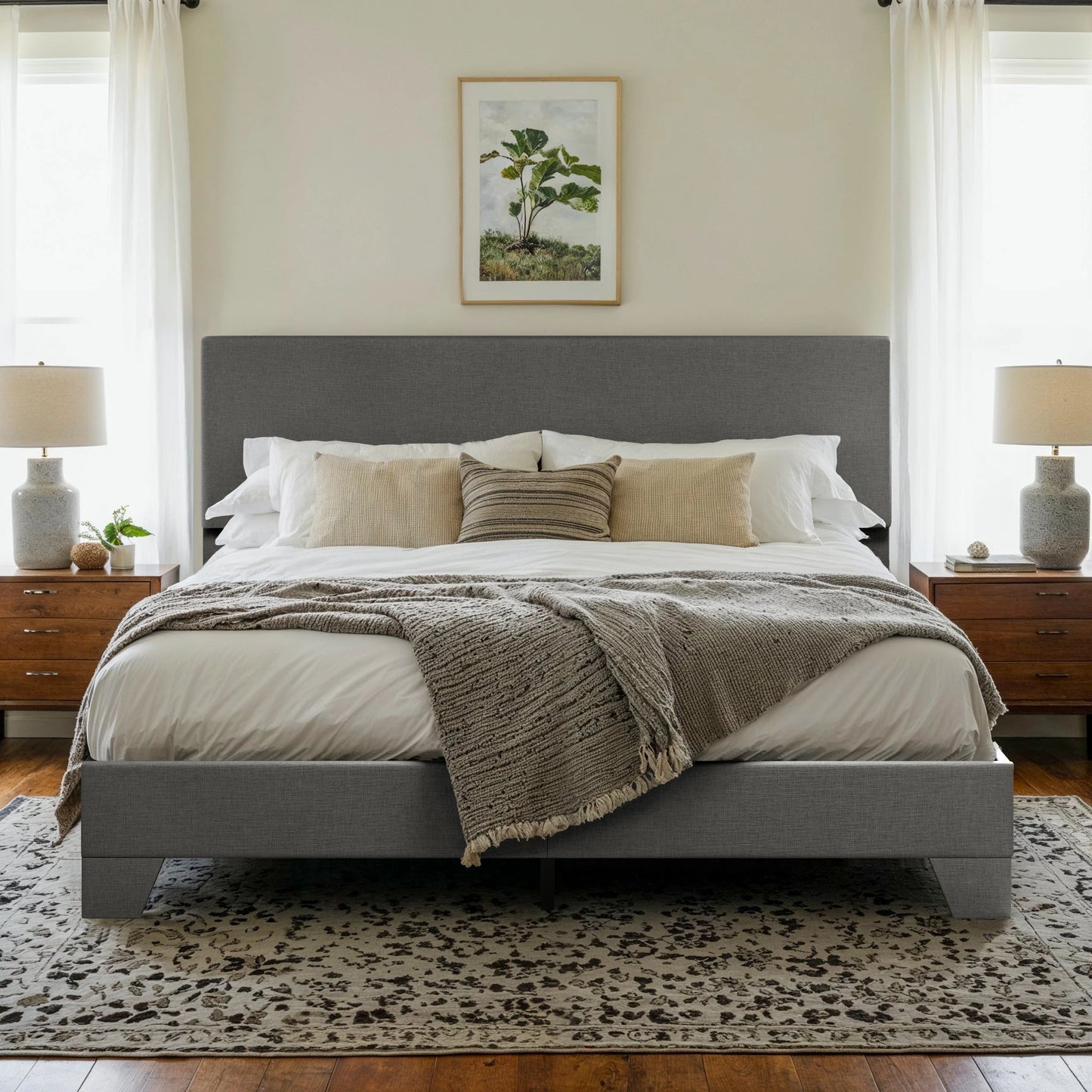 HOOMIC Upholstered Bed Frame With Adjustable Headboard And Linen Fabric