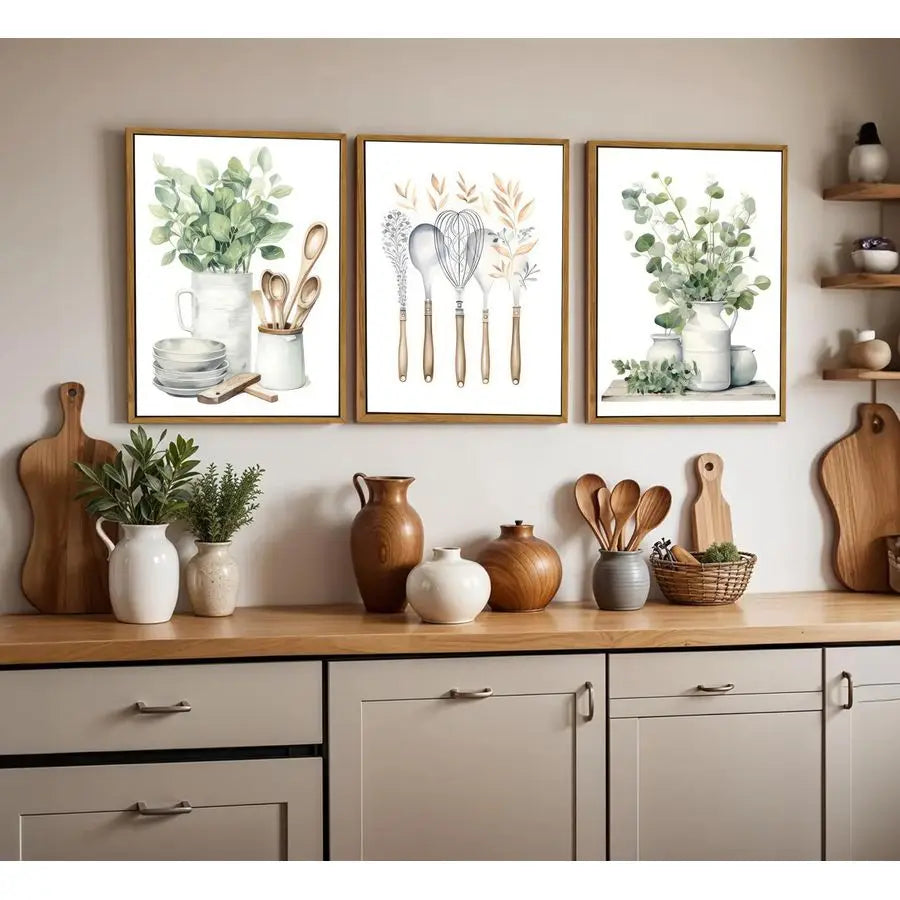 Farmhouse Kitchen Canvas Wall Art Sage Green Plants Eucalyptus Leaves