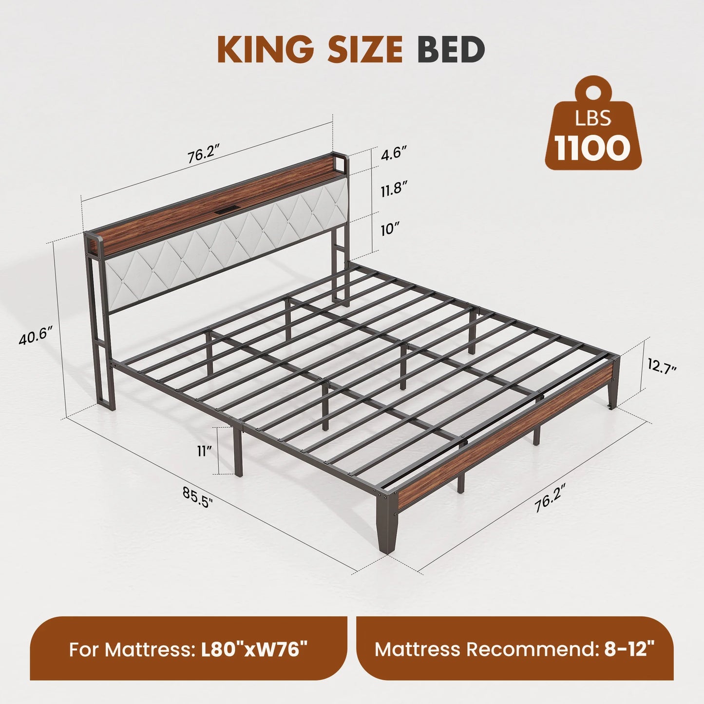 JHK Heavy Duty Metal Bed Frame With Charging Station