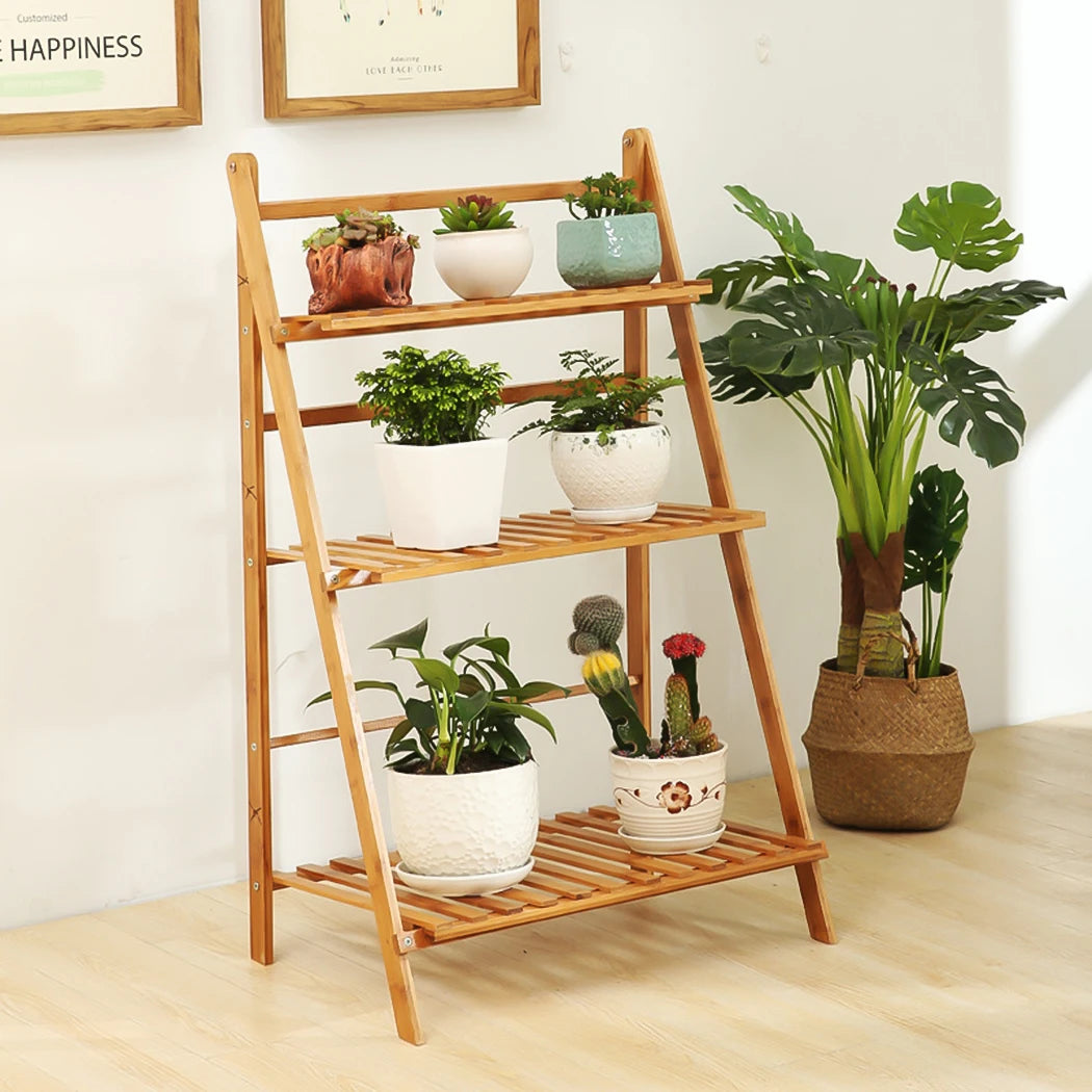 Three Tier Bamboo Plant Stand For Indoor Outdoor Display