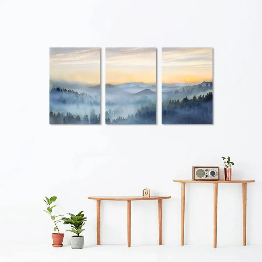 Sunrise Misty Forest Three Panel Wall Art Canvas Framed Decor