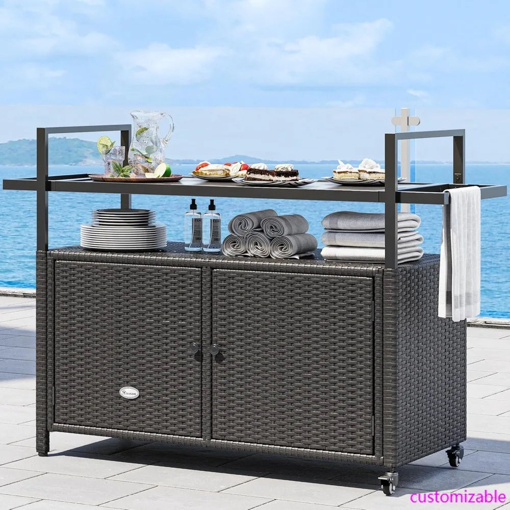 Large Outdoor Kitchen Wicker Island Rolling Cart & Patio Bar Table, w/Wheels and Black Glass Table Top Backyard and Poolside Da