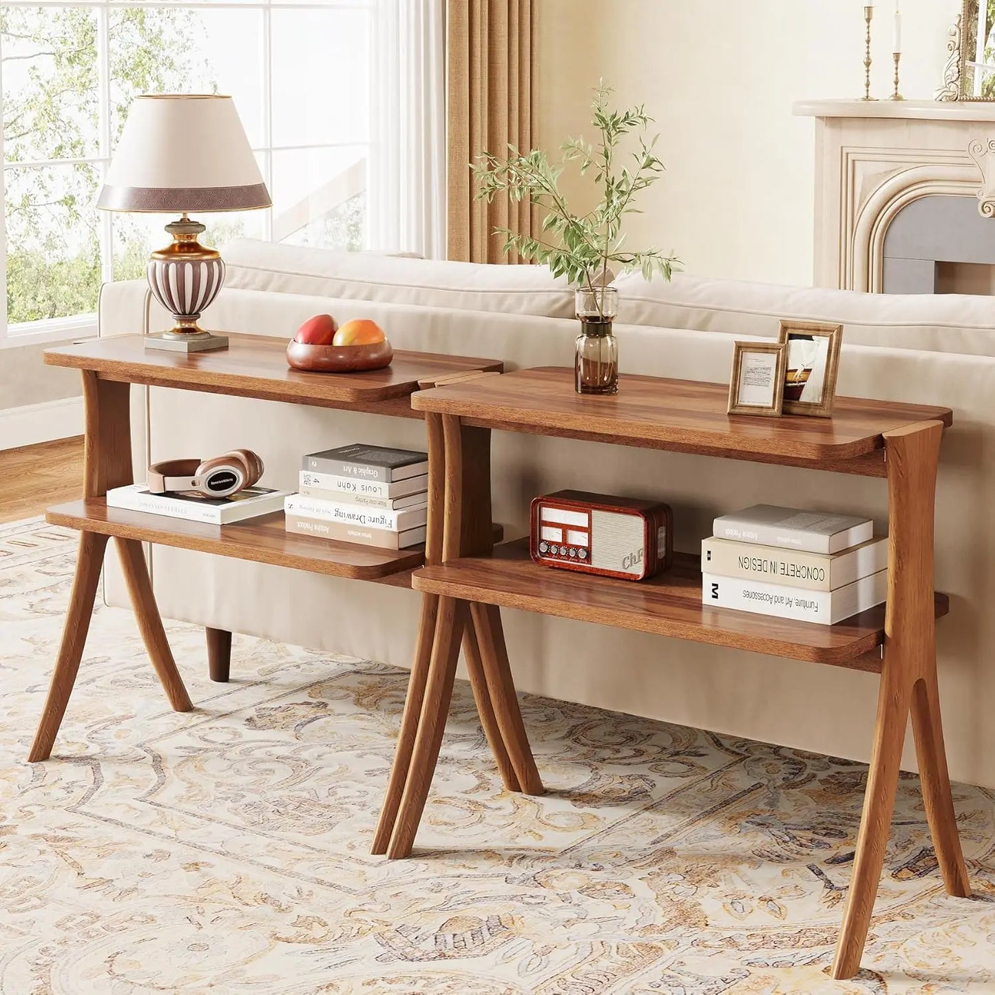 Little Tree Farmhouse Side Table With Two Tier Storage