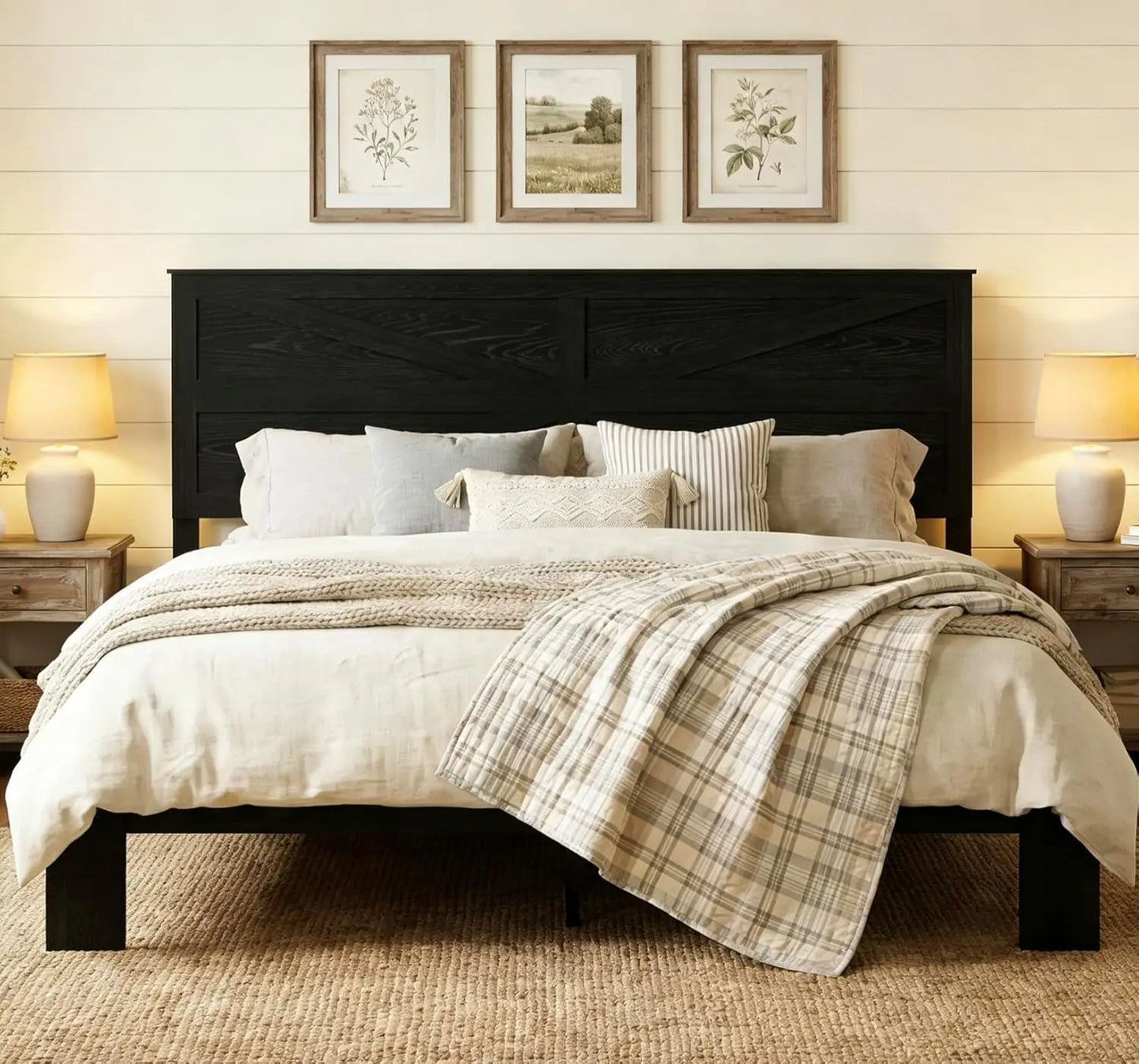 GUANGBAI Farmhouse Boho Platform Bed Frame With Headboard