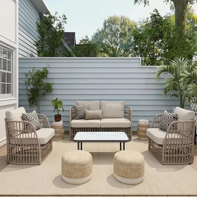 XIUWO 4 Piece Outdoor Wicker Sectional Sofa Set For Patio Poolside