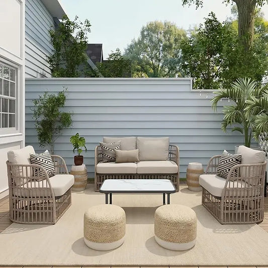 XIUWO 4 Piece Outdoor Wicker Sectional Sofa Set For Patio Poolside