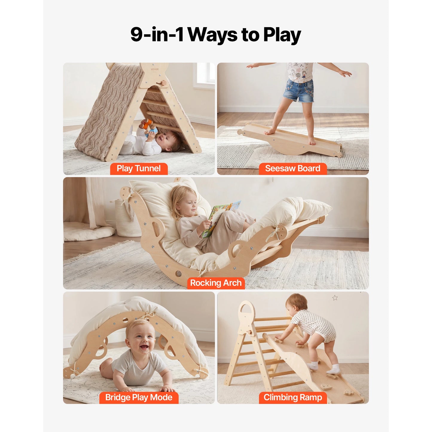 SucceBuy Pikler Triangle Set 9 In 1 Toddler Climbing Toys Indoor Playground
