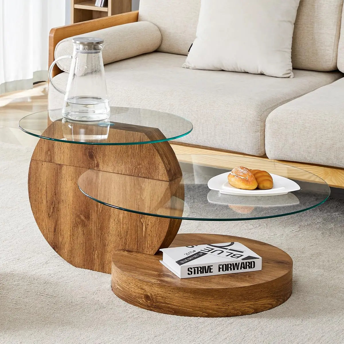 Tempered Glass Coffee Table With Three Tier Wood Base