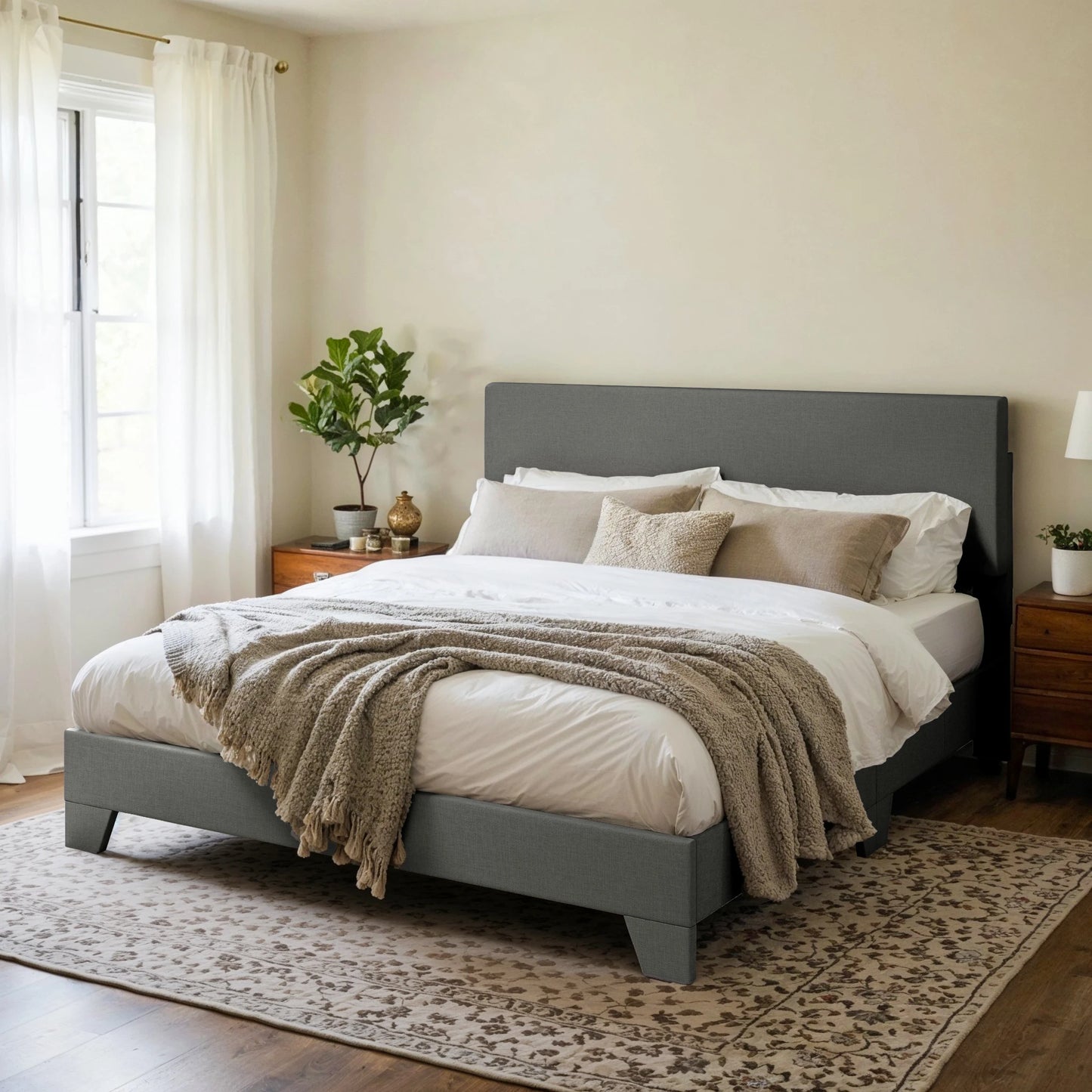 HOOMIC Upholstered Bed Frame With Adjustable Headboard And Linen Fabric