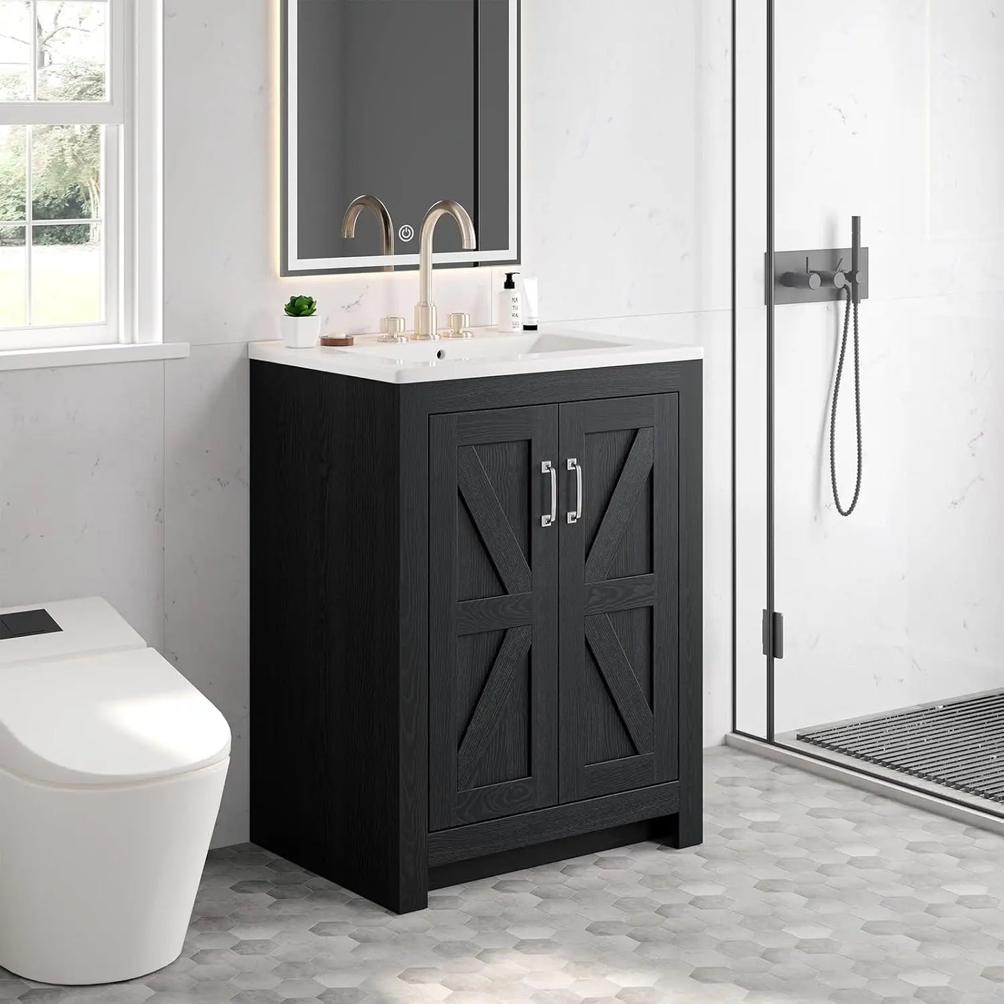 Bathroom Vanity with Ceramic Sink, 24 Inch Bathroom Vanities with 2 Soft-Close Door & Metal Handle, Modern Single, Customized