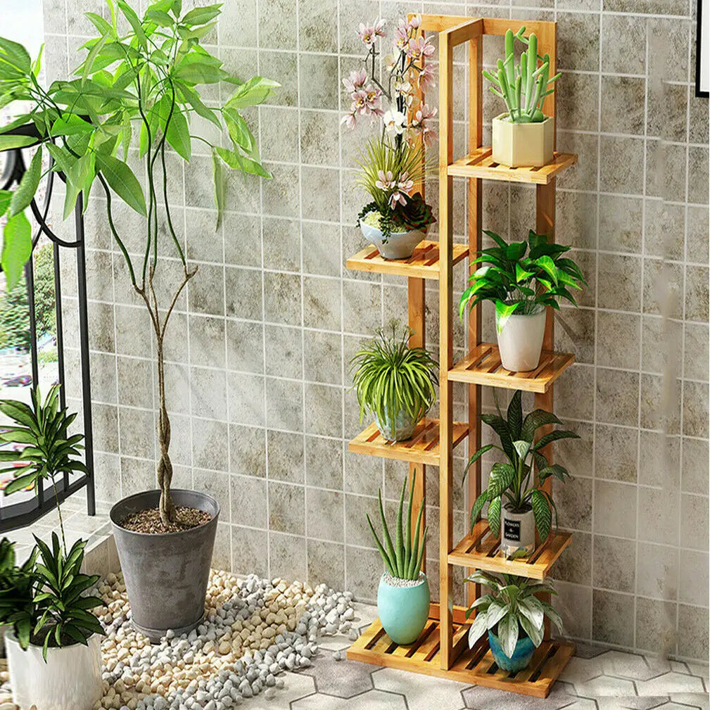 Vertical Bamboo Plant Rack 6 Tier Stand For Indoor And Outdoor Use