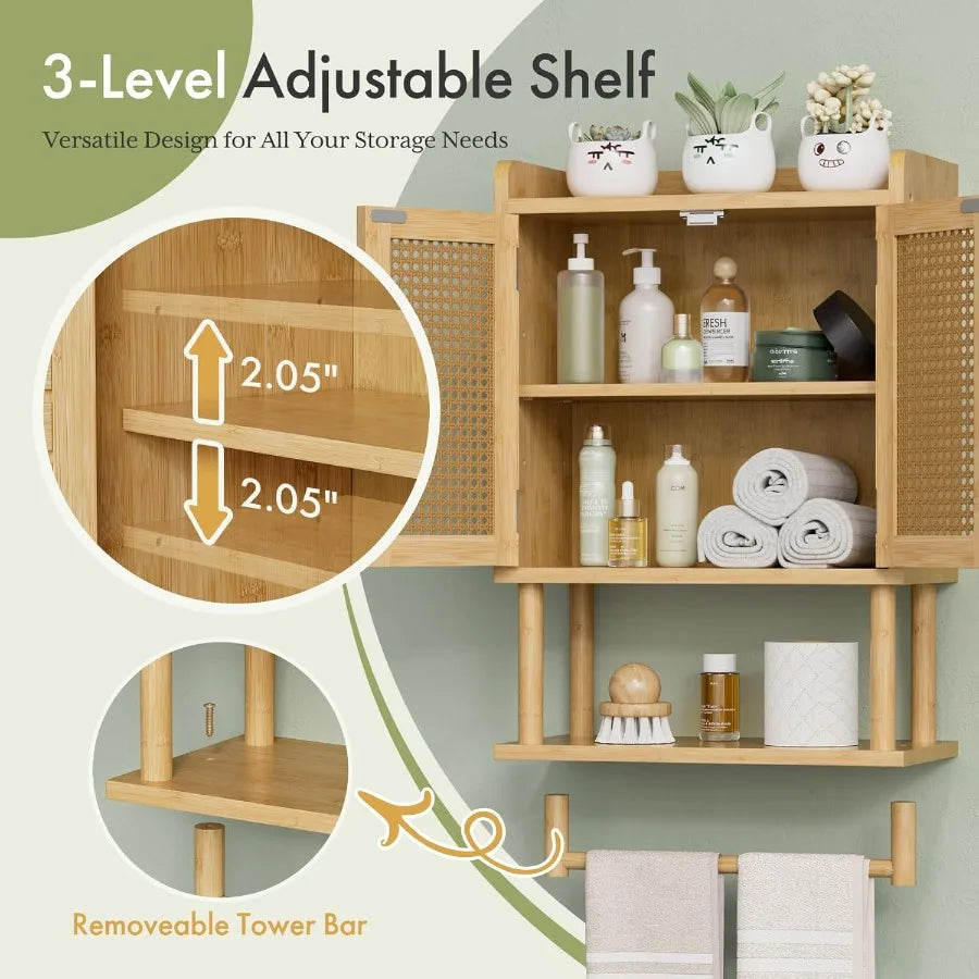 XIUWO Bamboo Bathroom Wall Cabinet With Towel Bar And Storage