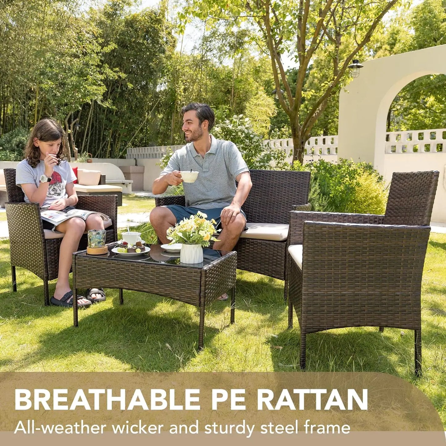 Outdoor 4-Piece Patio Rattan Wicker Furniture Set Balcony