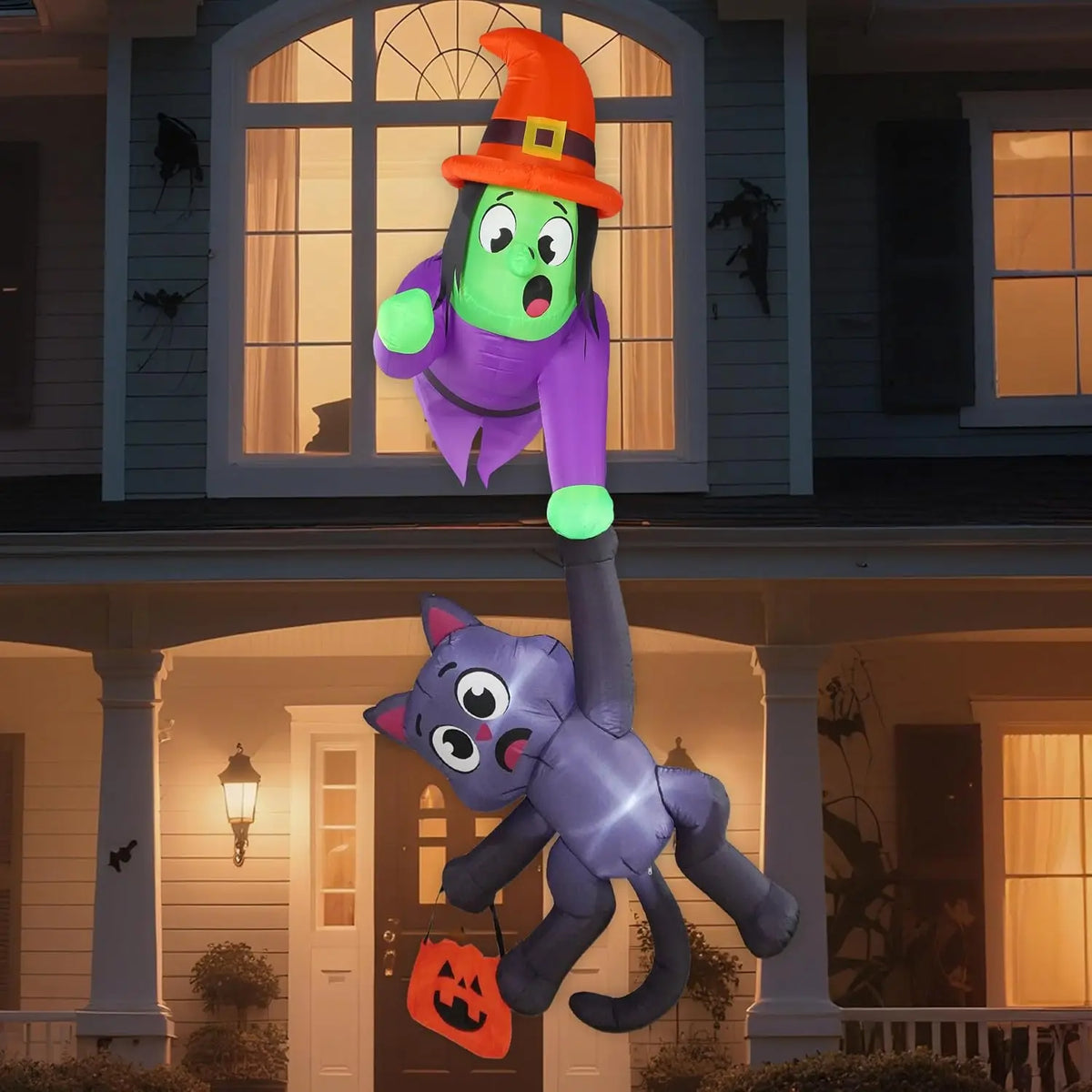 Halloween Witch And Cat Inflatable Roof Decoration With LED Lights