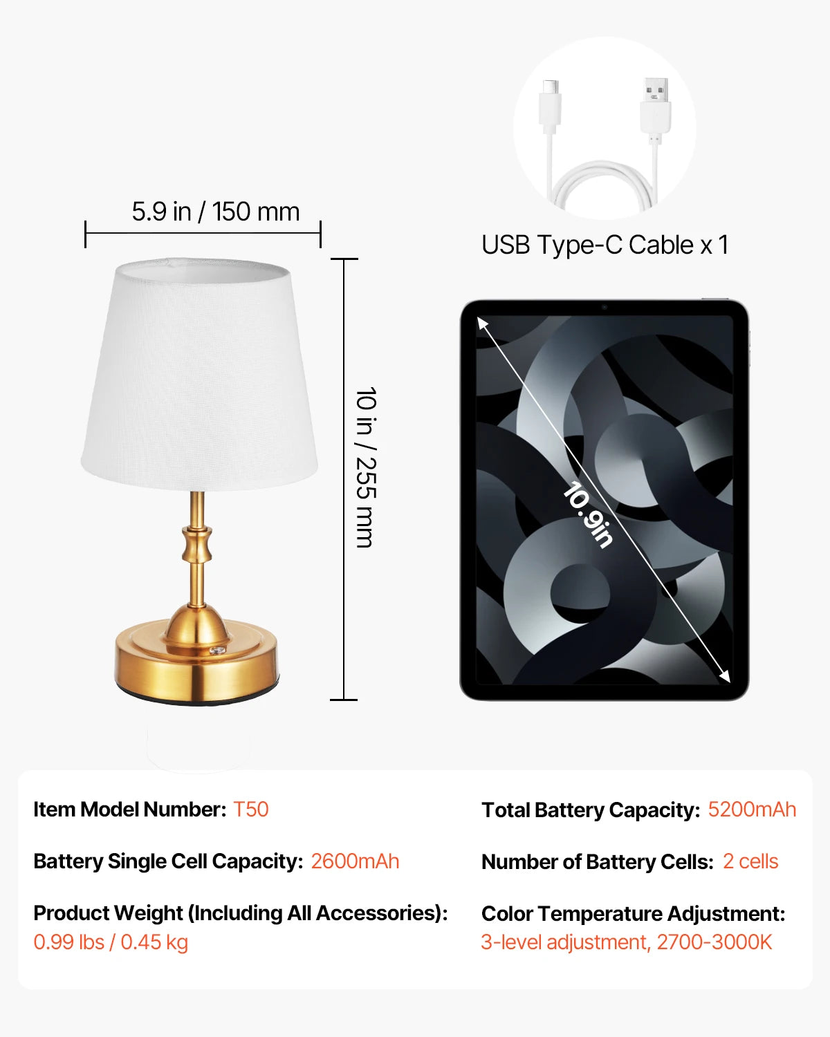 SucceBuy Cordless Table Lamp 5200mAh Rechargeable Battery 3 Brightness Levels